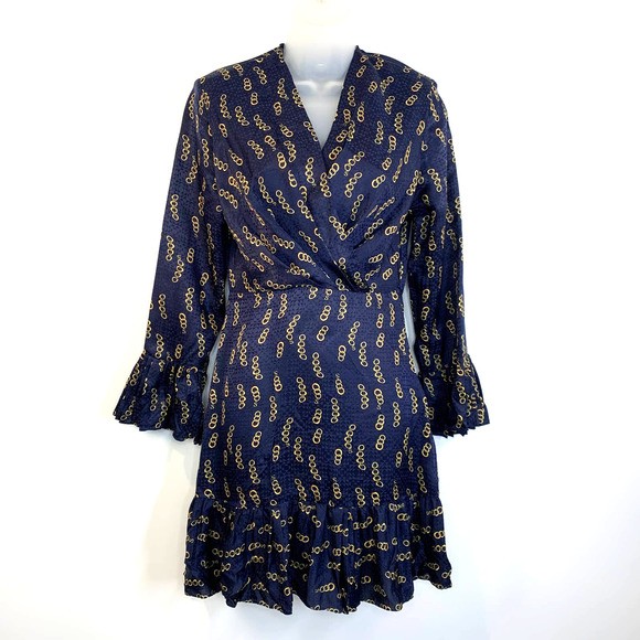 Sandro Milly Dress Chain Link Print Mini Silk Navy Surplice Long Sleeves - Picture 1 of 16